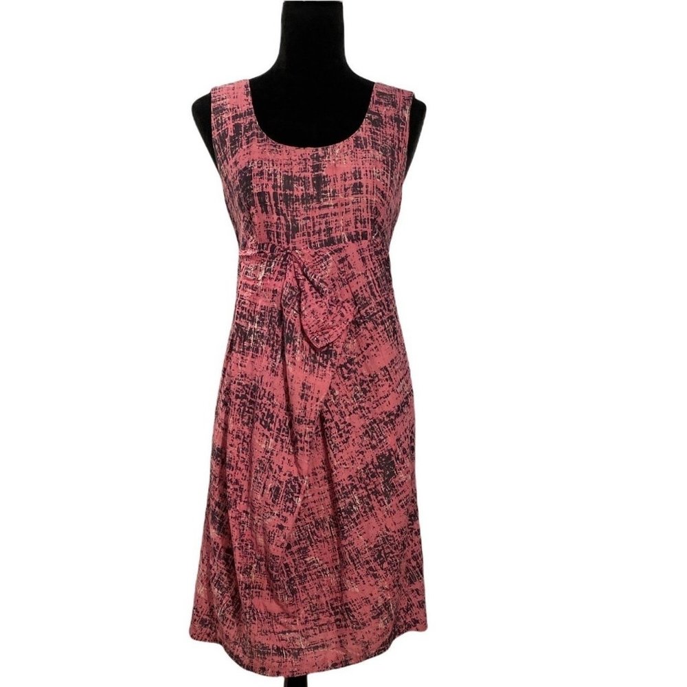Hanii Y Dress 10 Unique Pink Brown White Abstract Print Silk Blend Bow Front Cut